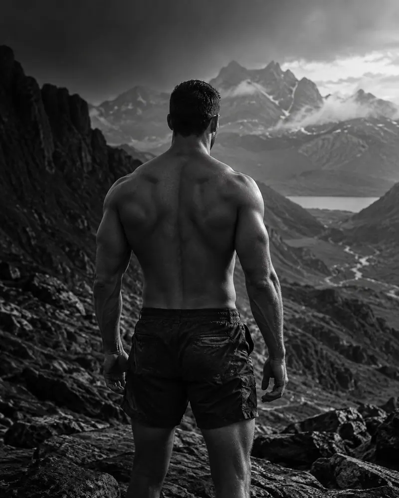 Homem de costas diante de uma paisagem de montanhas rochosas.
