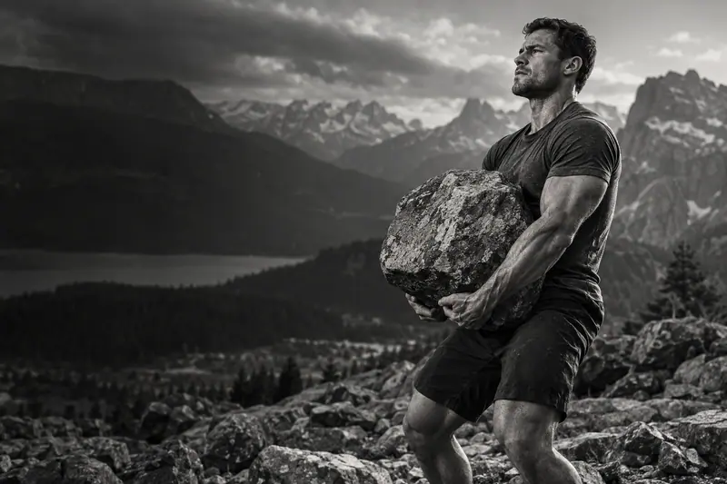Homem levantando uma pedra junto ao corpo, em uma paisagem de montanhas.